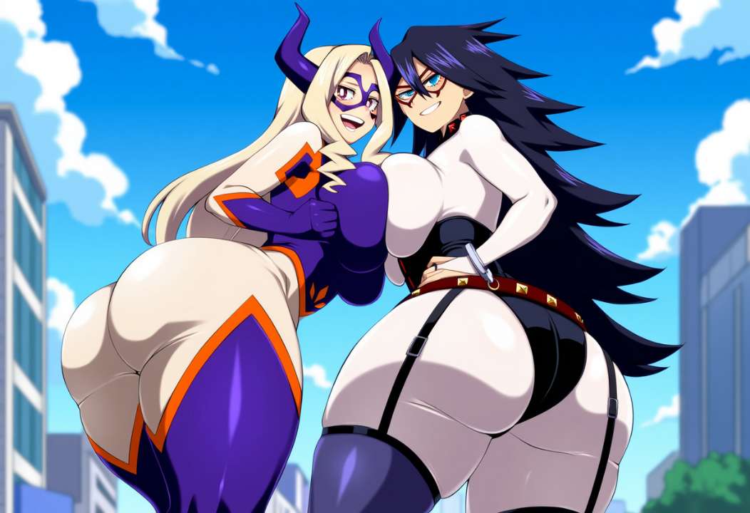 2girls ai_generated ass_focus big_ass big_breasts black_hair blonde_hair boob_squish boobs_touching eyemask giantess hero_outfit_(mha) heroine long_hair midnight_(my_hero_academia) mount_lady my_hero_academia nemuri_kayama wide_hips yu_takeyama