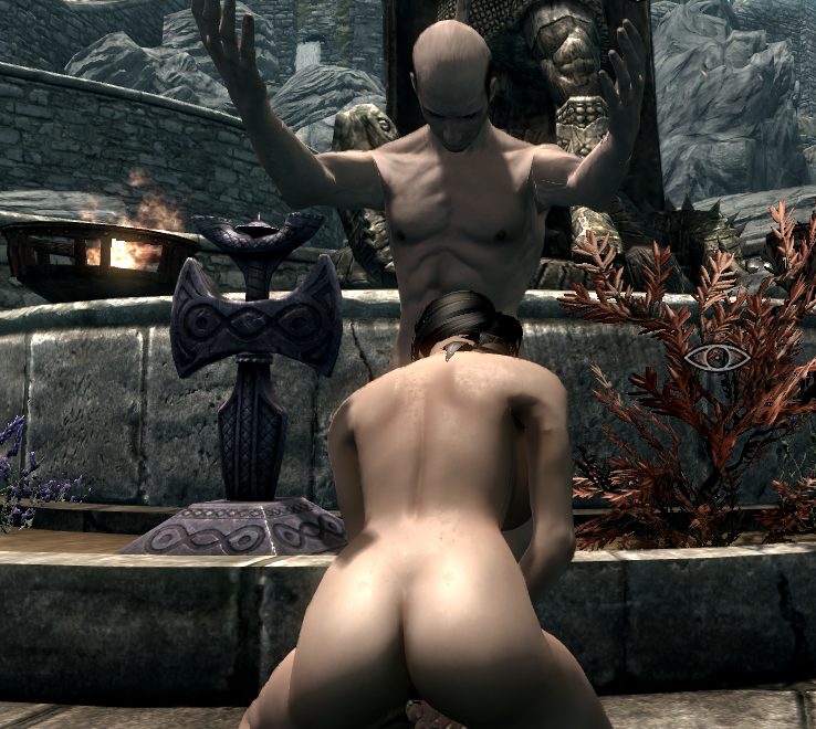 1boy1girl 3d ass bald bald_male completely_nude completely_nude_female game_screenshot implied_fellatio mod nude nude_female nude_male nude_mod skyrim the_elder_scrolls