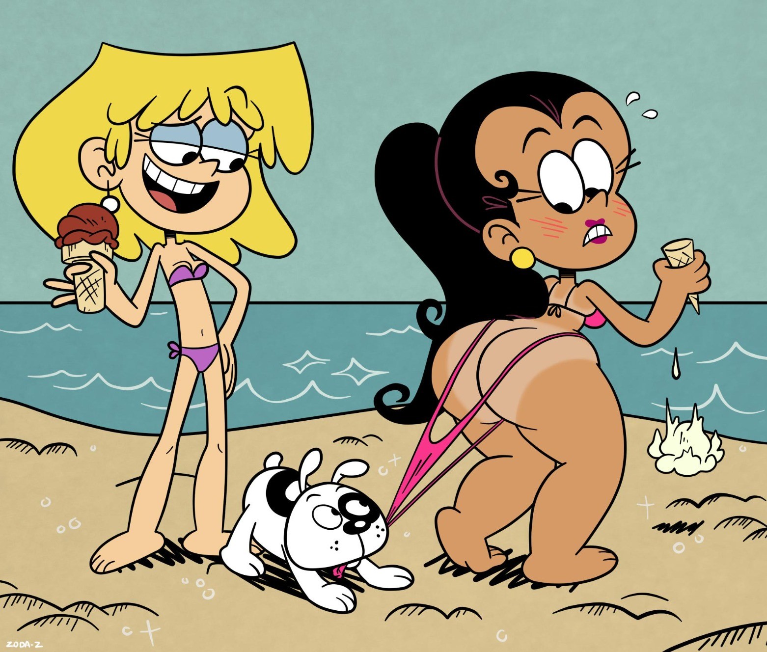 2girls, accurate art style, ass, beach, big ass, bikini bottom pull, canine, carlota casagrande, coppertone, fat ass, female, ice cream, lori loud, nickelodeon, swimsuits, the casagrandes, the loud house, zoda-z