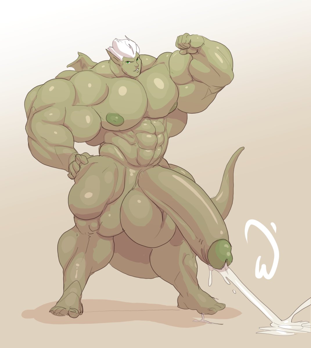 anthro ballsack circumcised club_shaped_penis cum cum_splatter cut demon demon_wings dragon flex flexing green_penis green_skin humanoid hyper hyper_muscles hyper_penis larger_male looking_at_viewer male male_only muscles muscular muscular_male muscular_thighs nude penis projectile_cum small_wings smile solo standing thick_tail whatinsomnia