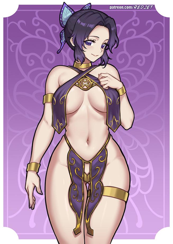 1girls 2010s 2018 2d 2d_(artwork) 2d_artwork bare_arms bare_breasts bare_legs bare_midriff bare_shoulders bare_thighs barefoot belly_button belly_dancer belly_dancer_outfit big_breasts blush blushing_at_viewer blushing_female bracelet breasts breasts_covered brooch butterfly_hair_ornament cleavage cloth collar compact_body curvy curvy_body curvy_female curvy_figure curvy_hips curvy_thighs dancer dancer_class dancer_girl dancer_outfit demon_slayer eyelashes female female_only gold_(metal) gold_bracelets gold_brooch gold_collar gold_jewelry gold_thigh_ring gold_thighlet gold_thong golden_bracelets golden_collar golden_thigh_ring golden_thong hair_ornament harem_girl harem_jewelry harem_outfit hourglass_figure hourglass_figured_female inner_sideboob kimetsu_no_yaiba kochou_shinobu large_breasts light-skinned_female light_skin lipstick loincloth metal_collar midriff navel pink_lips pink_lipstick purple_background purple_cloth purple_eyed purple_eyes purple_hair purple_hair_ornament purple_loincloth purple_topwear redjet short_hair sideboob slave slave_bikini slave_collar slave_outfit slavegirl thick_thighs thigh_cuffs thigh_ring thighlet thong thong_bikini thong_panties tied_hair