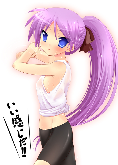 bike_shorts blue_eyes chikubaen kagami_hiiragi long_hair lucky_star ponytail purple_hair tank_top tied_hair yukizuki_chikuba