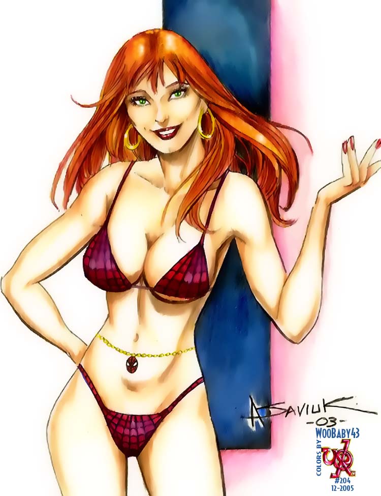 00s 1girls 2000s 2003 artist_request bikini color colored earrings female female_only green_eyes hoop_earrings human long_hair marvel mary_jane_watson navel panties red_hair smile solo spider-man_(series) straight_hair tagme woobaby43