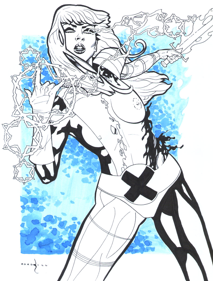 1girls breasts catthouse_studios female female_only long_hair magik_(illyana_rasputin) marvel marvel_comics monochrome new_mutants nipples roadkill_(catthouse_studios) solo soulsword straight_hair superheroine torn_clothes torn_clothing x-men