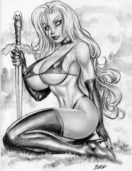 1girls bikini black_and_white bra breasts bridal_gauntlets busty chaos_comics choker cleavage deacon_black erect_nipples eyeliner eyeshadow female female_only high_heel_boots high_heels lady_death large_breasts lipstick nipples sketch solo sword tagme thighhigh_boots voluptuous weapon