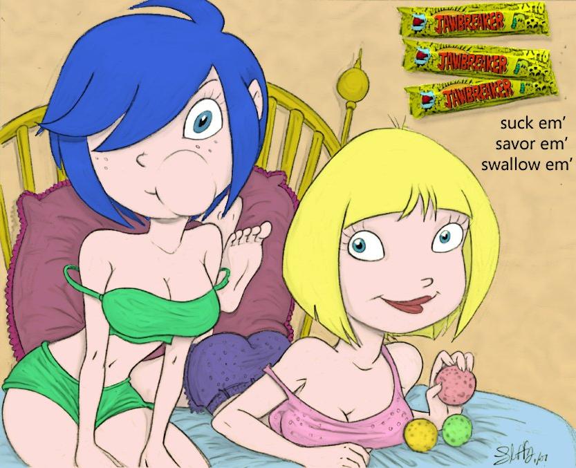 2007 2d 2girls blonde_hair blue_eyes blue_hair bob_cut breasts cleavage ed_edd_n_eddy female fluffy_(artist) freckles hourglass_figure human jawbreaker kanker_sisters lipstick marie_kanker nazz_van_bartonschmeer no_penetration straight_hair tank_top voluptuous yuri