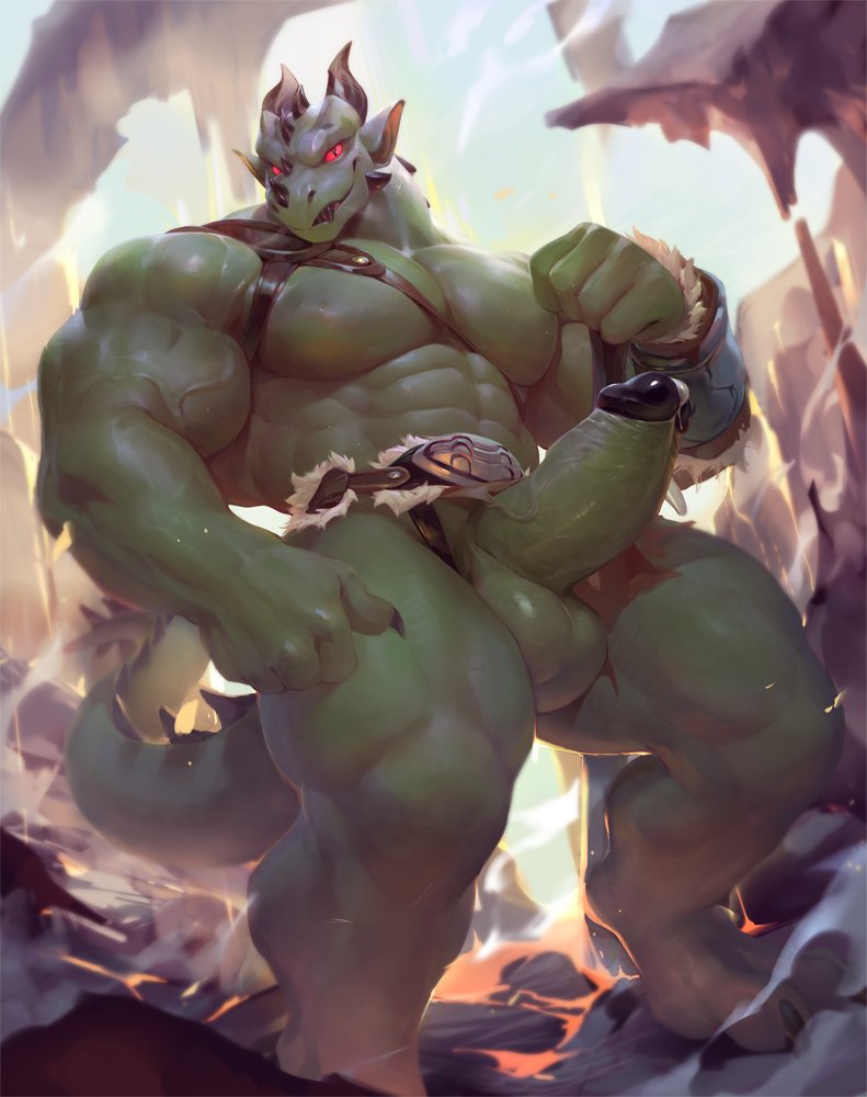 abs anthro biceps big_penis dragon erection horn looking_at_viewer male male_only melee_weapon muscular muscular_male null-ghost pecs penis precum reptile scales scalie sword varanis_blackclaw weapon