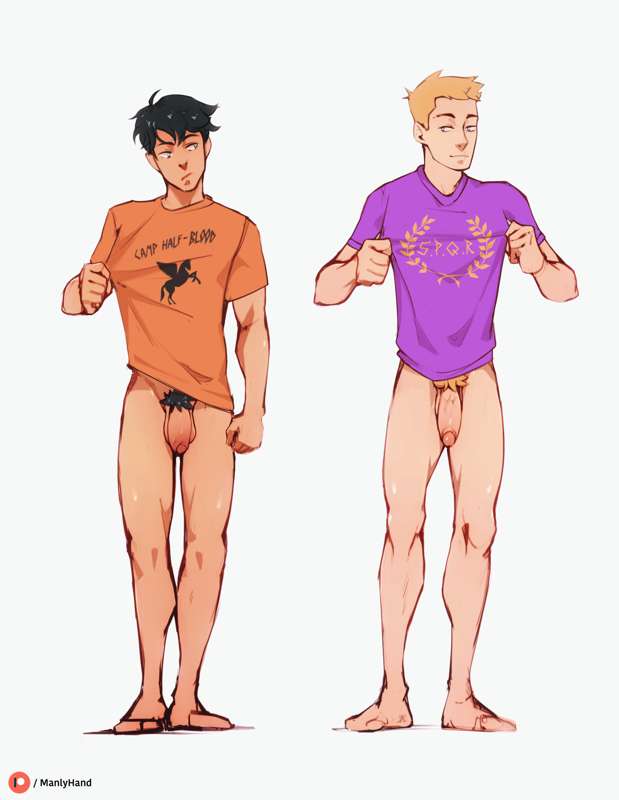 2boys blonde_hair bottomless flaccid heroes_of_olympus jason_grace male_only manlyhand penis percy_jackson percy_jackson_and_the_olympians pubes pubic_hair tagme