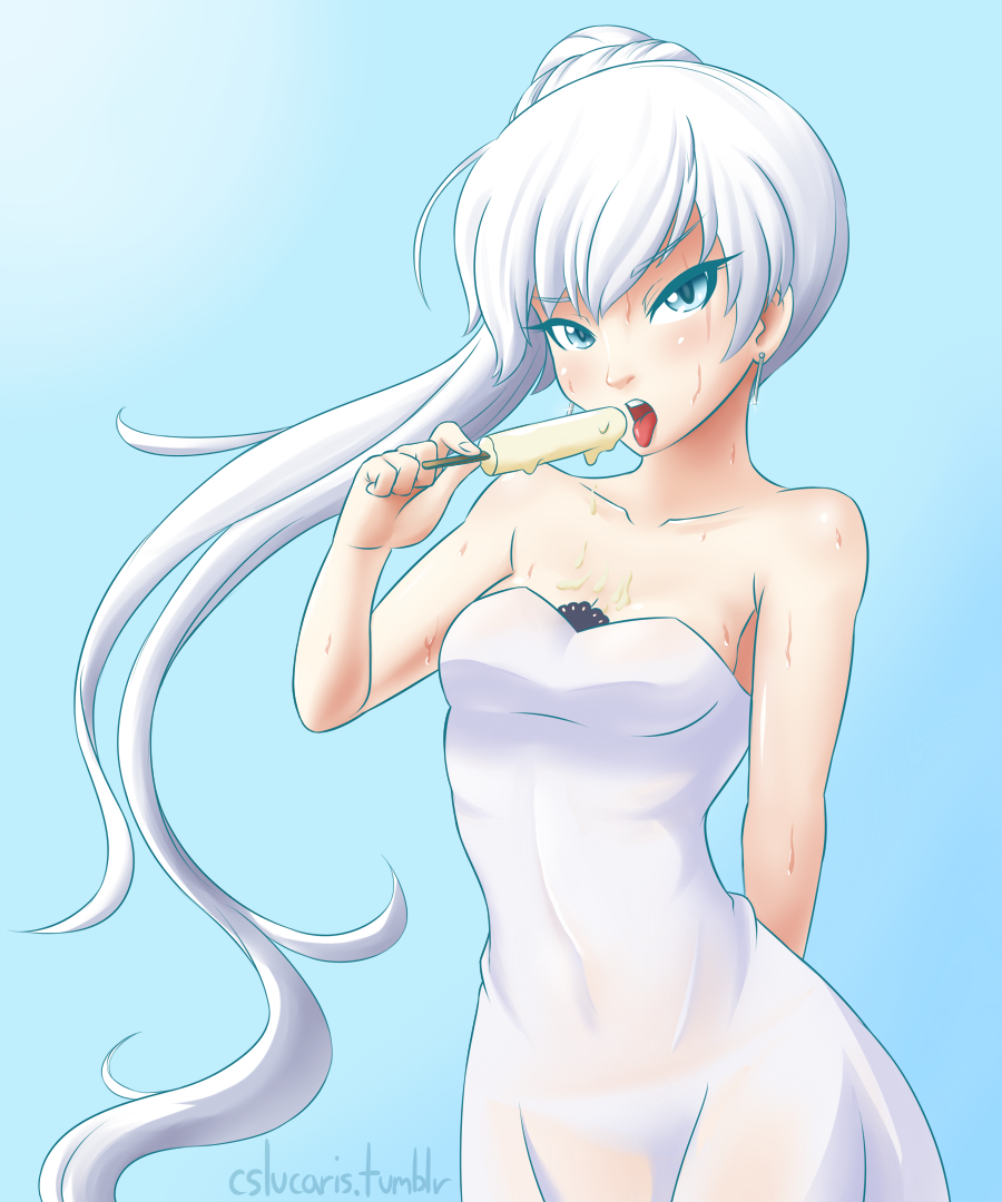 1girls, cslucaris, dress, female, food, ice cream, looking at viewer, panties, popsicle, rwby, sexually suggestive, solo, sweat, tongue, tongue out, translucent, underwear, weiss schnee