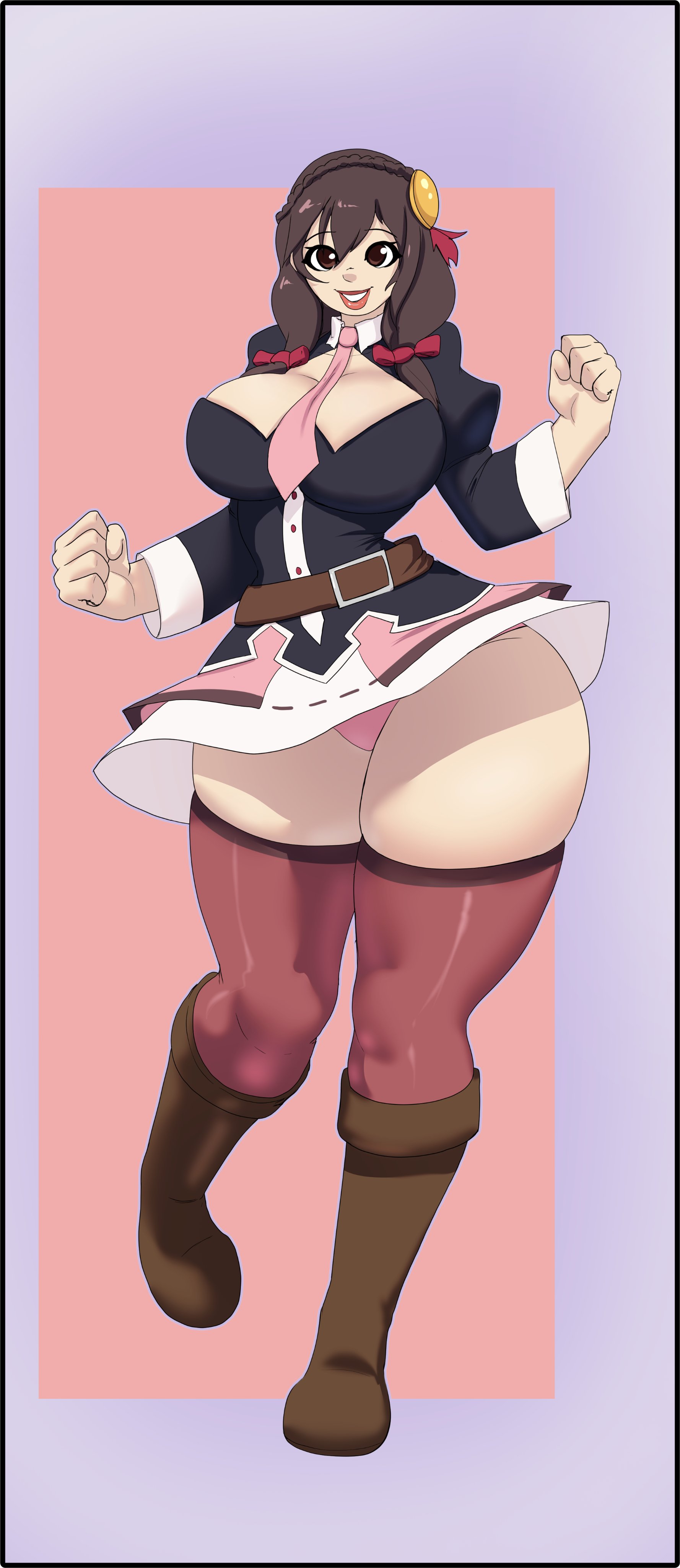 1girls, belt, big breasts, bimbo, boots, breasts, brown eyes, brown hair, cleavage, curvaceous, curvy, curvy female, curvy figure, female, female only, footwear, full body, hair, hair ornament, hair ribbon, hips, huge breasts, kono subarashii sekai ni shukufuku wo!, large breasts, legs, legwear, lips, looking at viewer, n-ronin, necktie, neckwear, panties, pink panties, plump lips, ribbon, ribbons, short skirt, skirt, smile, smiling, solo, solo female, thick lips, thick thighs, thighhighs, thighs, upskirt, voluptuous, voluptuous female, yunyun (konosuba)