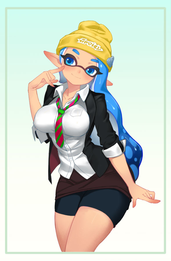 1girls beanie blue_eyes blue_hair breasts female female_only inkling inkling_girl little_blood necktie oc original_character school_uniform shorts_under_skirt side_hair skirt solo solo_female solo_focus splatoon splatoon_(series) tentacle tentacle_hair thighs