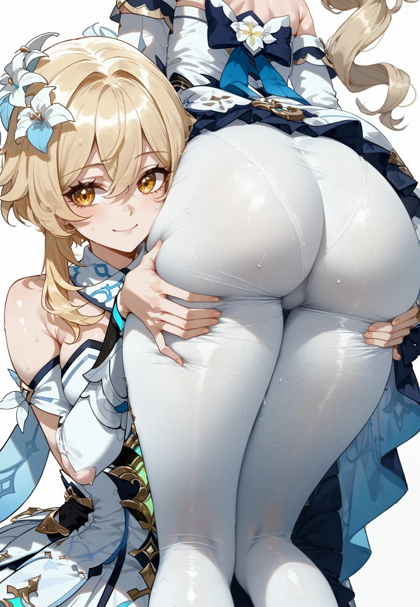 ai_generated ass ass_focus ass_grab back_view barbara_(genshin_impact) bare_legs big_ass big_butt blonde_hair fat_ass female_face_near_ass genshin_impact gigantic_ass head_on_ass huge_thighs light-skinned_female light_skin looking_at_viewer lumine_(genshin_impact) mako_(artist) massive_ass medium_breasts oiled_body oiled_skin panties_under_pantyhose pantyhose ponytail short_hair smiling squatting sweat sweatdrop thick_thighs thighs voluptuous voluptuous_futanari white_shorts yellow_eyes yuri