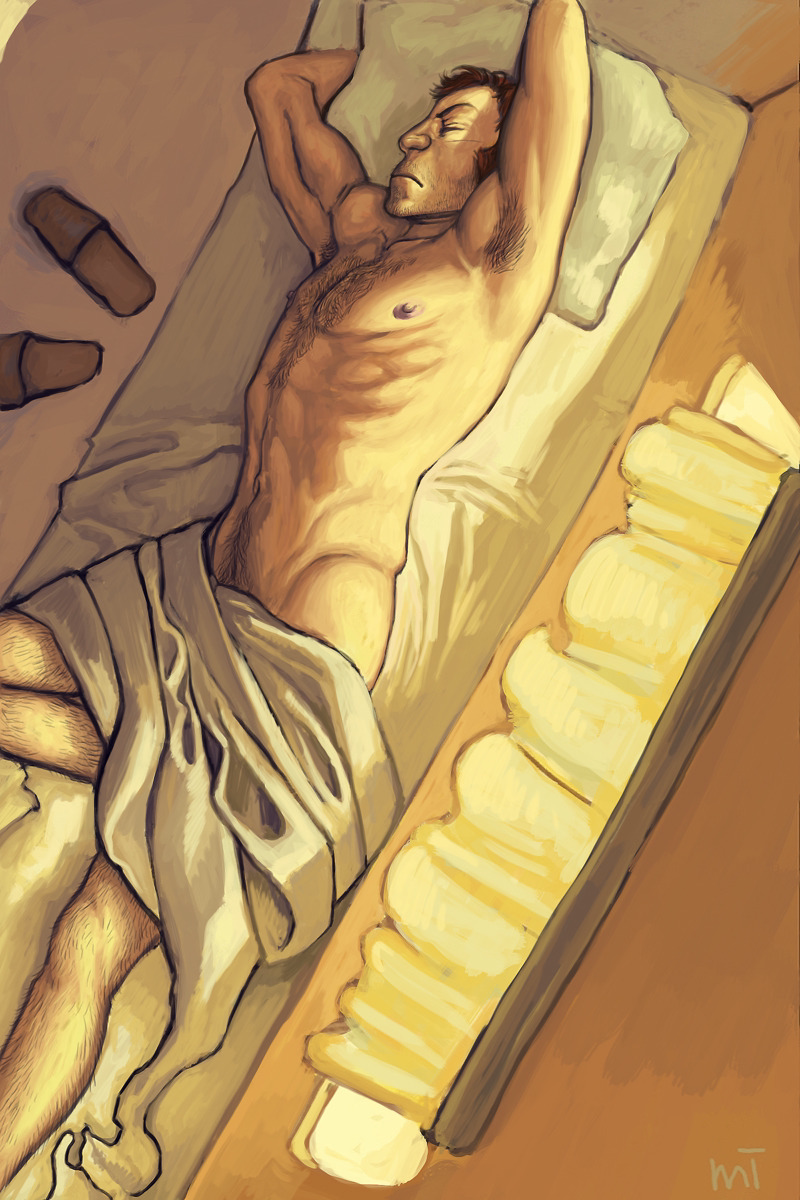 1boy biceps hairy_chest happy_trail male_focus male_only mugenmcfugen no_visible_genitalia on_bed pinup skinny skinny_male sleepy sniper_(team_fortress_2) solo_male team_fortress_2