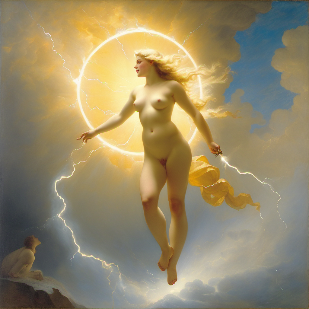 abstract ai_generated belly blonde_hair blue_eyes breasts cloud curly_hair curvy female flying goddess halo lightning lips long_hair medium_breasts navel nipples nude presenting realistic sky smile solo william_bouguereau