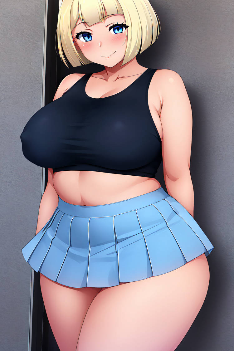 ai_generated bbw big_breasts blonde_hair blue_eyes blush bobcut busty corruption creatures_(company) crop_top curvy female female_only front_view game_freak hi_res highres lillie_(pokemon) midriff naughty_face navel nintendo pokemon pokemon_(game) pokemon_sm pokemon_trainer seraphim_ai skirt smile solo stable_diffusion thick_thighs