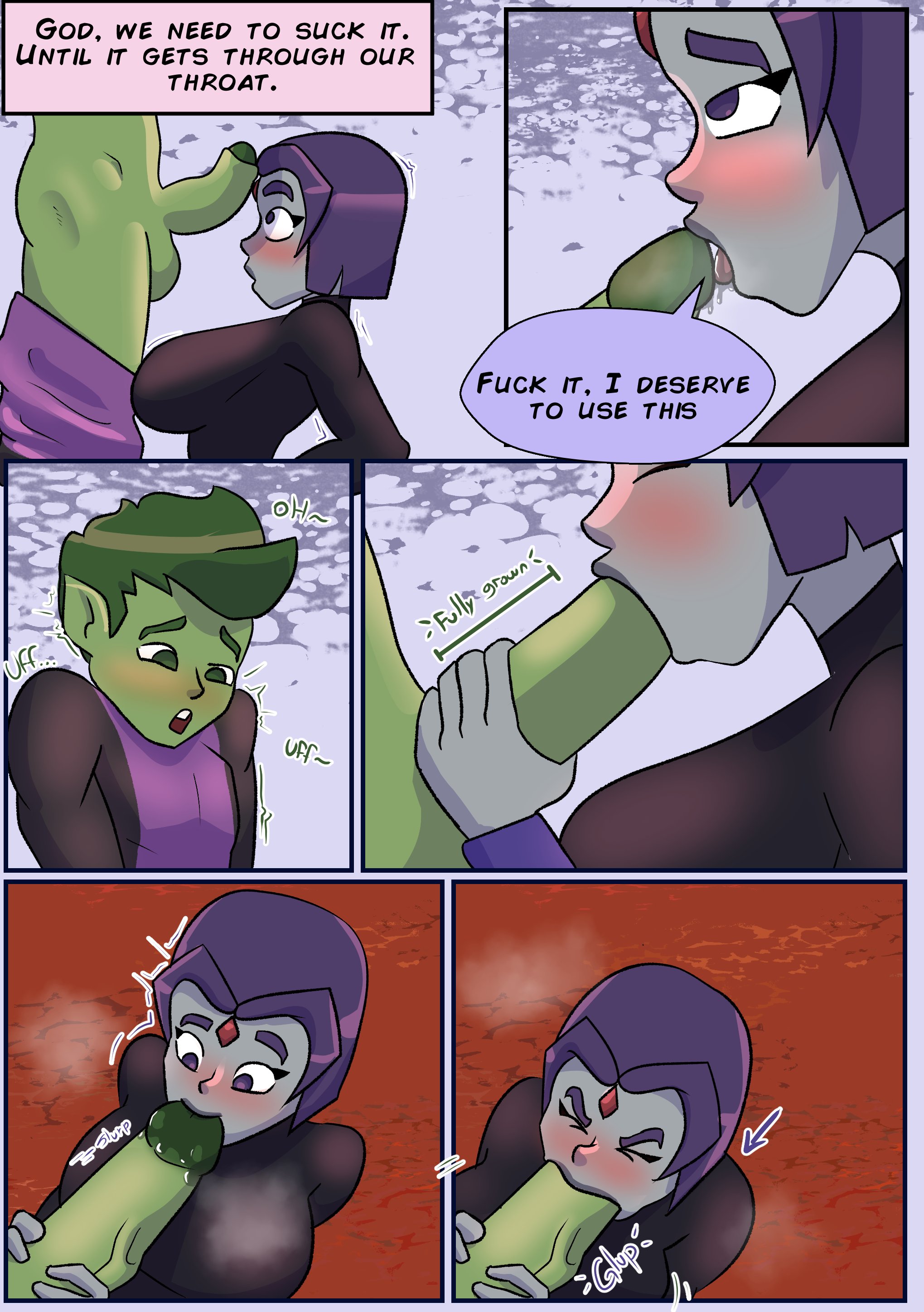 1boy, 1girls, beast boy, big breasts, big penis, blush, breasts, comic, comic page, dc, dc comics, dialogue, english text, evil raccoon, female, garfield logan, green body, green eyes, green hair, green skin, grey body, grey skin, huge cock, male, male/female, monster boy, oral, oral sex, penis, purple eyes, purple hair, rachel roth, raven (dc), teen titans, text