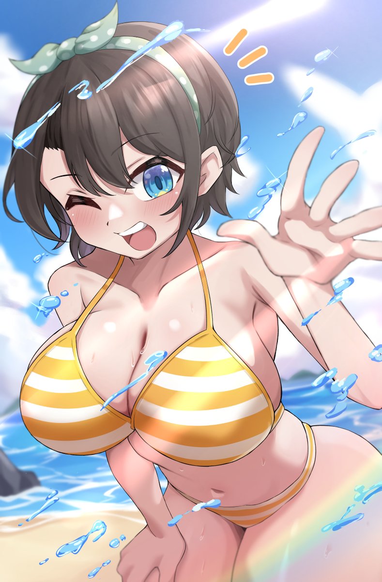 1girls beach bikini breasts cleavage happy hashira_14 hololive light-skinned_female looking_at_viewer oozora_subaru sky smile tagme