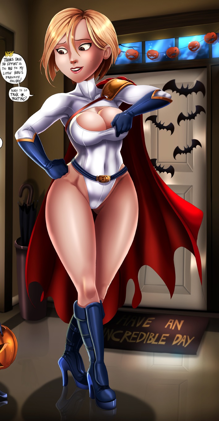 1girls, blonde hair, boots, cape, cleavage, cosplay, cropped, dc, dc comics, disney, female, female only, gloves, helen parr, leotard, milf, name drop, pixar, power girl (cosplay), shadman, short hair, smooth skin, solo, speech bubble, standing, superman (series), the incredibles, thigh gap, wig
