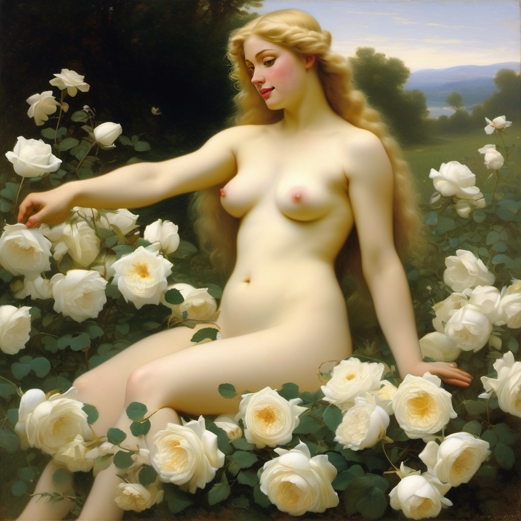 ai_generated belly blonde_hair blue_eyes breasts curly_hair curvy female flower flowers lips long_hair medium_breasts navel nipples nude presenting realistic rose_(flower) smile solo white_rose william_bouguereau