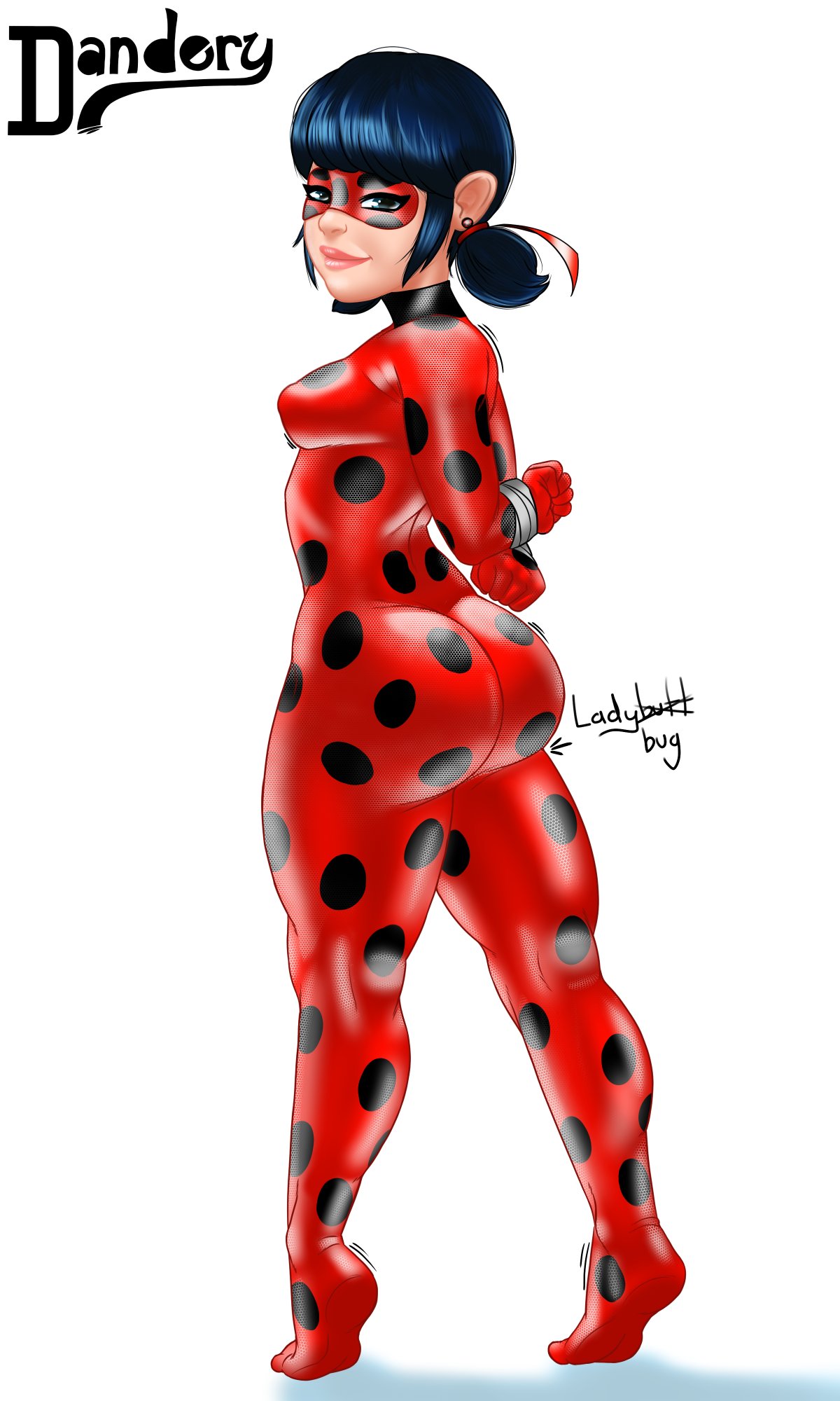 1girls, 2d, 2d (artwork), artist name, ass, big ass, blue eyes, blue hair, bodysuit, bondage, breasts, bubble ass, bubble butt, dandery, domino mask, earrings, english, english text, eye mask, female, female only, full body, hair, hands tied, ladybug (character), lips, looking back, marinette dupain-cheng, medium breasts, miraculous ladybug, miraculous: tales of ladybug and cat noir, pigtails, pouty lips, rear view, red bodysuit, simple background, smirk, smirking, smirking at viewer, solo, solo female, superheroine, taped wrists, text, thick legs, thighs, white background