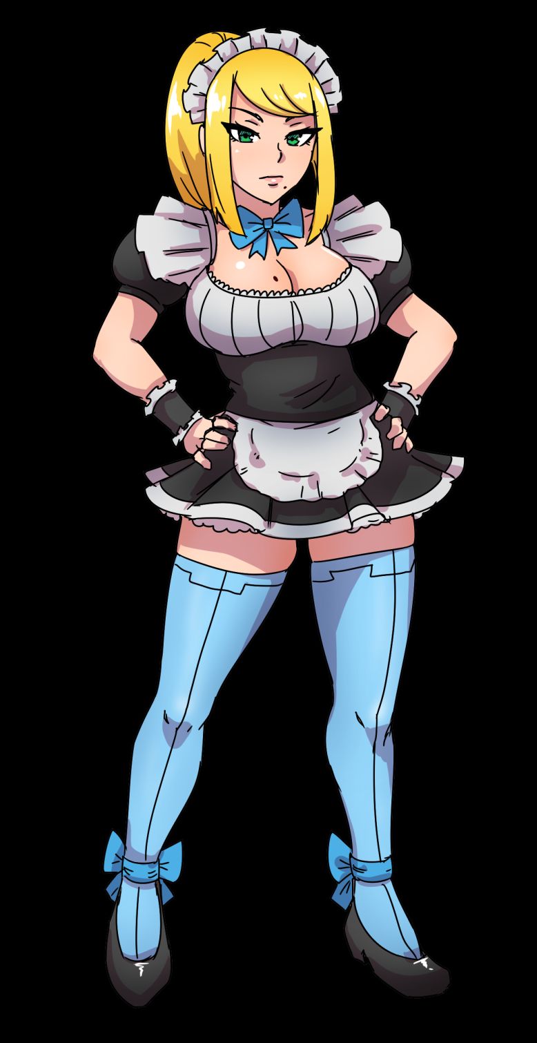 akairiot, alternate costume, ankle ribbon, apron, bangs, bimbo, black background, blonde hair, blue legwear, bow, bowtie, breasts, cleavage, enmaided, female, frills, full body, fully clothed, green eyes, hands on hips, high ponytail, highres, lace, long hair, looking at viewer, maid, maid apron, maid headdress, metroid, miniskirt, mole, mole on breast, mole under mouth, nintendo, petticoat, pleated skirt, ponytail, ribbon, samus aran, serious, shoes, short sleeves, sidelocks, sketch, skirt, solo, standing, super smash bros., swept bangs, thighhighs, tied hair, waist apron, wrist cuffs, zettai ryouiki