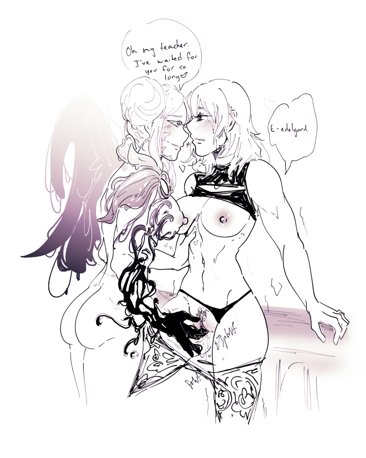 2girls bangs black_panties blush breasts breasts_out byleth_(fire_emblem) byleth_(fire_emblem)_(female) corrupted corruption edelgard_von_hresvelg edelgard_von_hresvelg_(hegemon_husk) english_text female_pubic_hair fingering fingering_partner fire_emblem fire_emblem:_three_houses greyscale heart legwear looking_at_another monochrome muscular nintendo panties panty_pull pubic_hair pussy pussy_juice sketch speech_bubble spicysiren text trembling underwear vaginal_penetration yuri