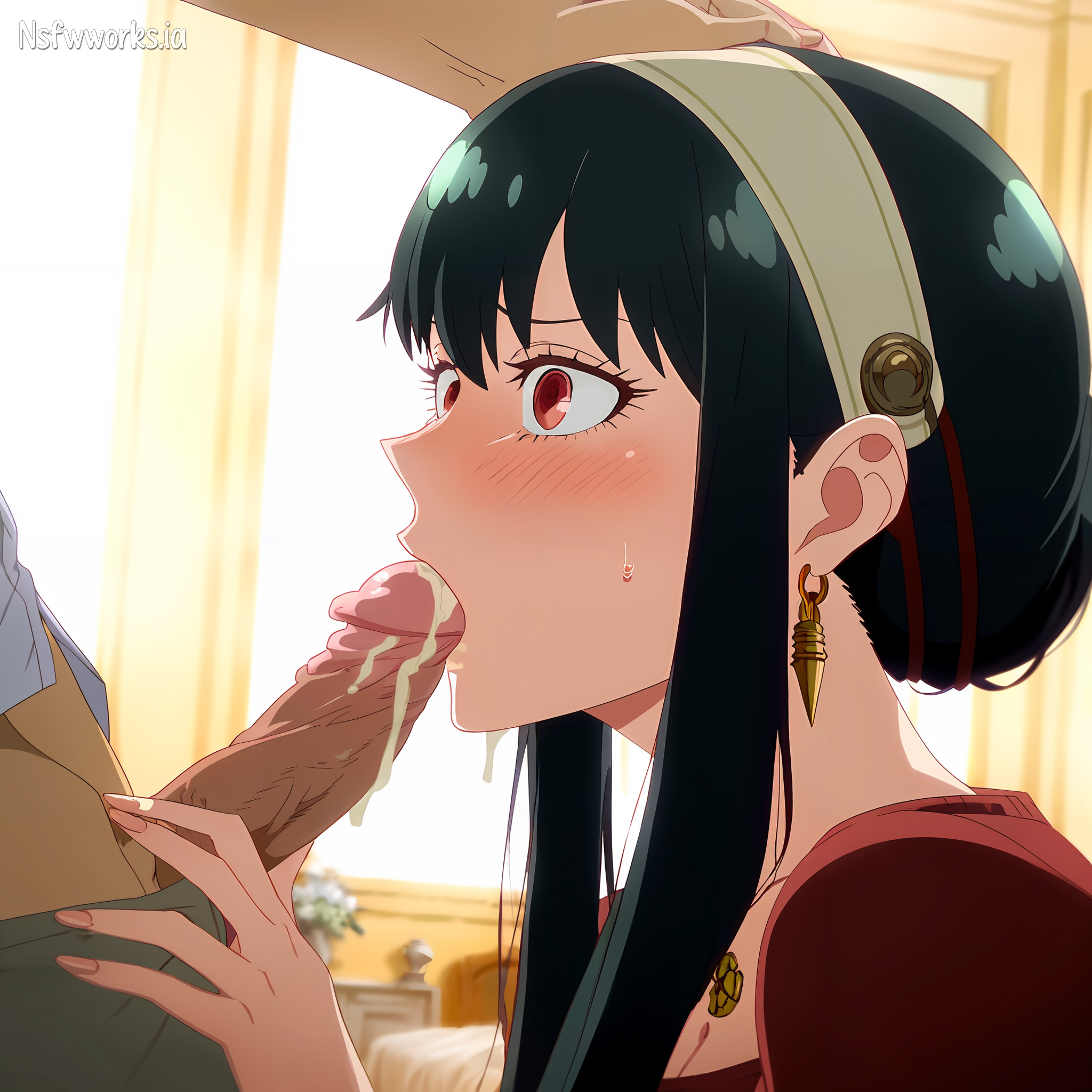 1boy, 1girls, ai generated, black hair, breasts, cum, cum in mouth, cumming, erection, fellatio, female, female focus, from side, hand on head, long hair, male, nsfwworks.ia, oral, penis, red eyes, spy x family, sucking, sucking penis, tagme, white skin, yor briar, yor forger