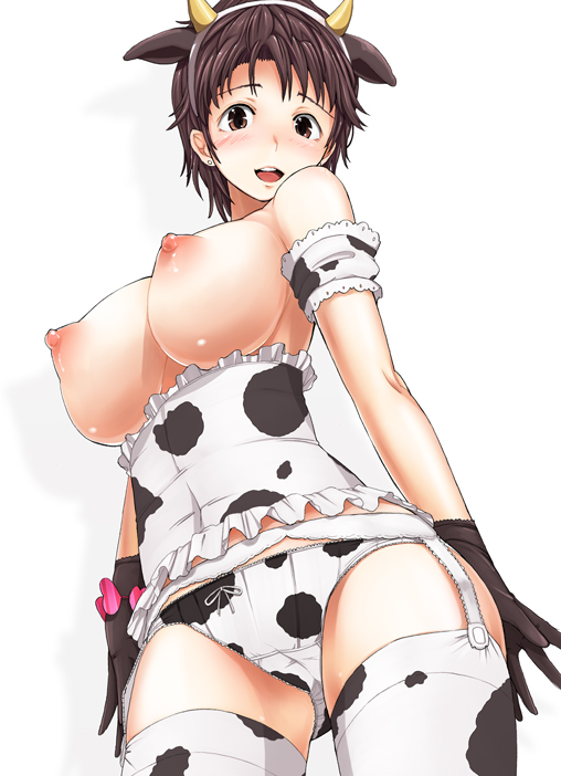 animal_ears black_gloves black_hair blush breasts brown_eyes brown_hair cow_ears cow_horns cow_print female female garter_belt garter_straps gloves hissatsukun horns idolmaster idolmaster_cinderella_girls kemonomimi_mode large_breasts looking_at_viewer nipples oikawa_shizuku open_mouth panties puffy_nipples short_hair solo standing thighhighs underwear