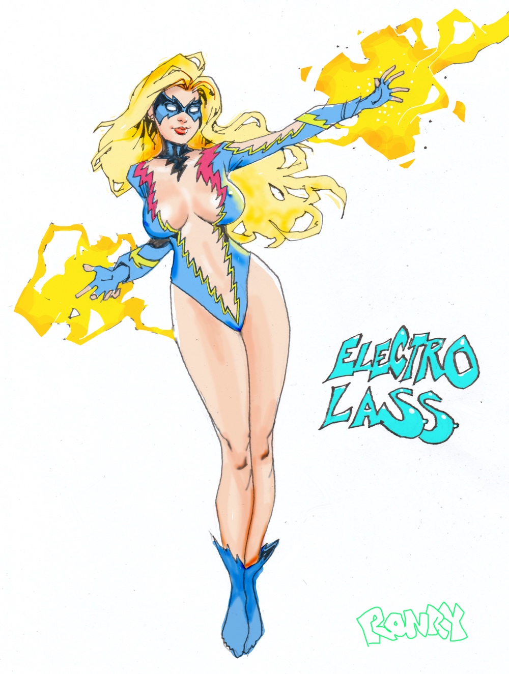 blonde_female blonde_hair blue_eyes breasts chest_window comic_book_character dc dc_comics gender_transformation genderswap_(mtf) male_to_female open_chest pinup_pose revealing_clothes revealing_costume revealing_outfit rule_63 shocking_suzi superhero superheroine thick_ass thick_lips thick_thighs transformation