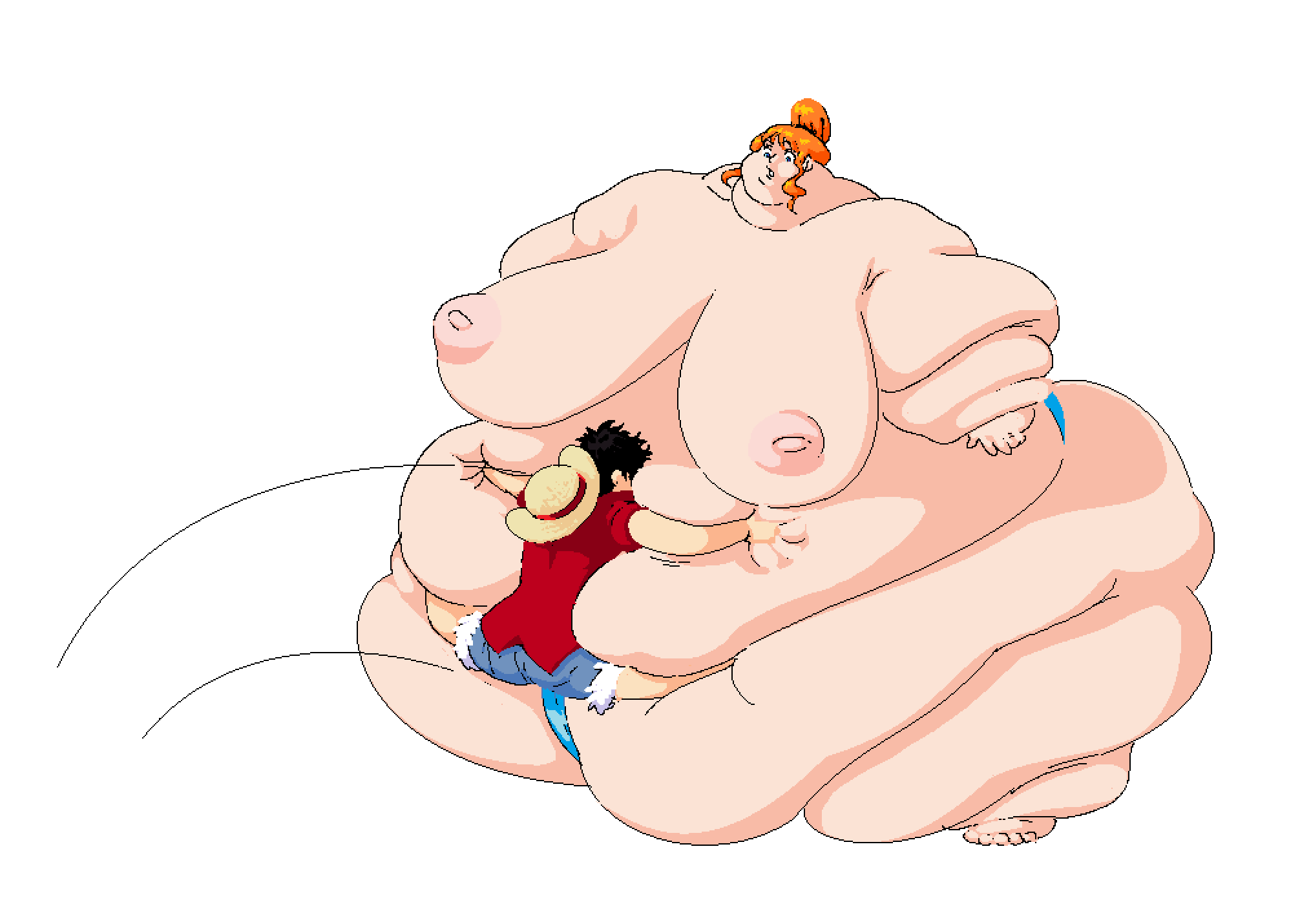 bbw belly fat female female_focus ghostwank male mawashi monkey_d_luffy morbidly_obese_female nami one_piece post-timeskip smothering smothering_belly ssbbw sumo_wrestler