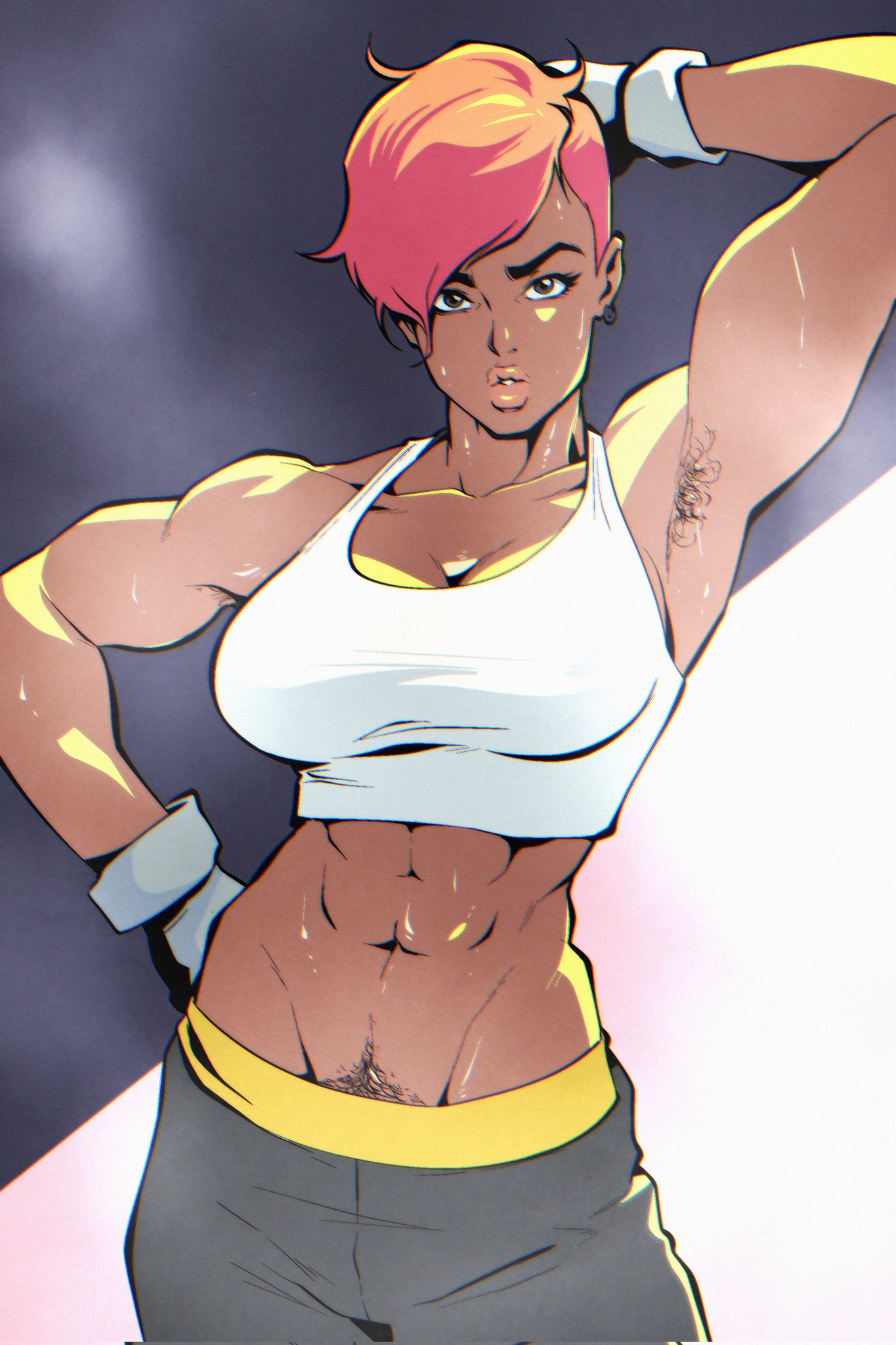 1girls, 2024, abs, armpit hair, armpits, balak, breasts, clavicle, cleavage, cowboy shot, earrings, female, happy trail, large breasts, looking at viewer, midriff, muscular, muscular arms, muscular female, orange hair, red hair, short hair, solo female, steaming body, sweat, sweatdrop, tank top, tanned female, tanned skin, workout clothes