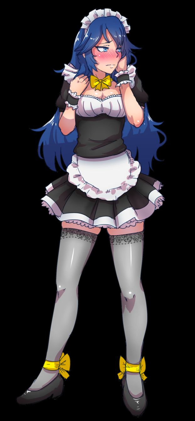 1girls, akairiot, alternate costume, ankle ribbon, apron, black background, blue eyes, blue hair, blush, bow, breasts, choker, cleavage, embarrassed, enmaided, female, female only, fire emblem, fire emblem awakening, full body, fully clothed, highres, human, long hair, lucina (fire emblem), maid, maid apron, maid headdress, nintendo, ribbon, simple background, skirt, solo, super smash bros., thighhighs, white legwear, wrist cuffs, yellow bow, yellow ribbon, zettai ryouiki
