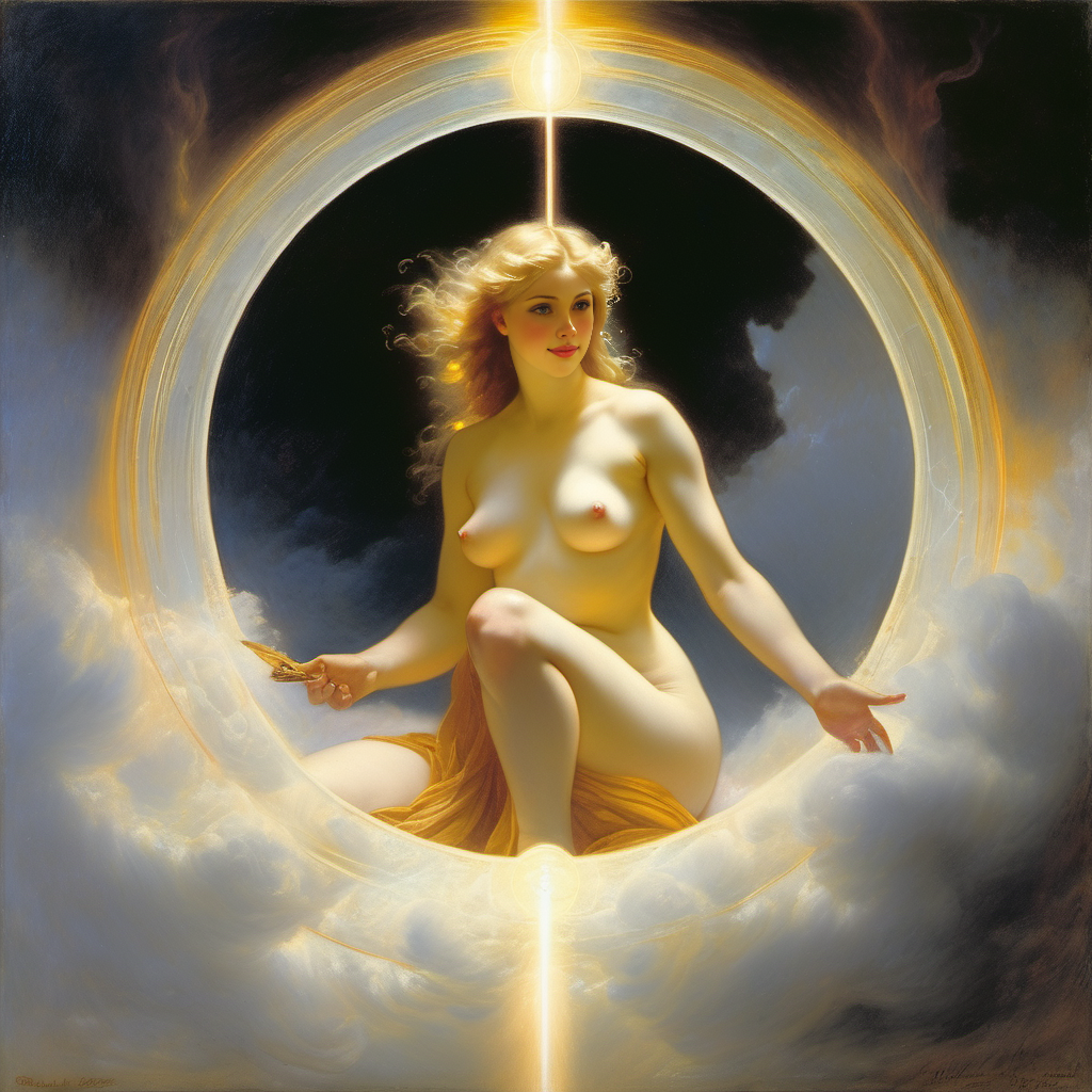 abstract ai_generated belly blonde_hair blue_eyes breasts cloud curly_hair curvy female flying goddess halo lightning lips long_hair medium_breasts navel nipples nude presenting realistic sky smile solo william_bouguereau