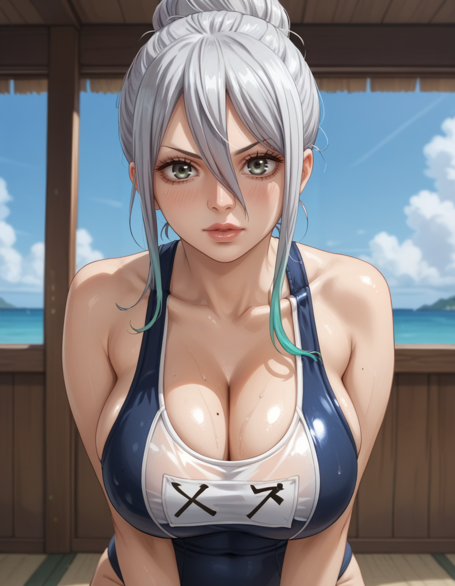 ai_generated big_breasts cleavage felli_loss gray_hair one-piece_swimsuit wartorn32