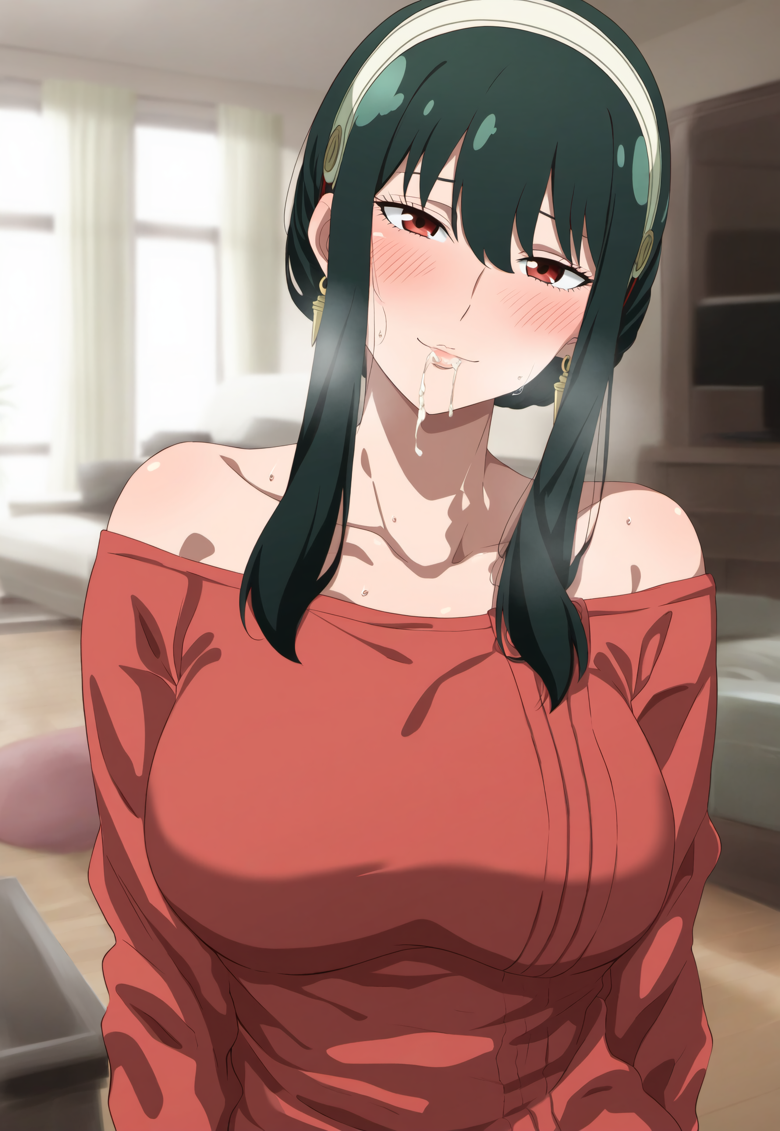 1girls, after fellatio, after oral, after sex, ai generated, bangs, big breasts, black hair, blouse, blush, breasts, cum, cum in mouth, cum on face, dripping cum, female, female focus, hair ornament, hairband, huge breasts, indoors, large breasts, light skin, light-skinned female, long hair, mature, mature female, milf, mommy, nai diffusion, pale skin, pale-skinned female, shirt, sidelocks, smile, solo, spy x family, stable diffusion, steam, steaming body, sweater, tied hair, tofuro, upper body, voluptuous, voluptuous female, white skin, wife, yor briar, yor forger
