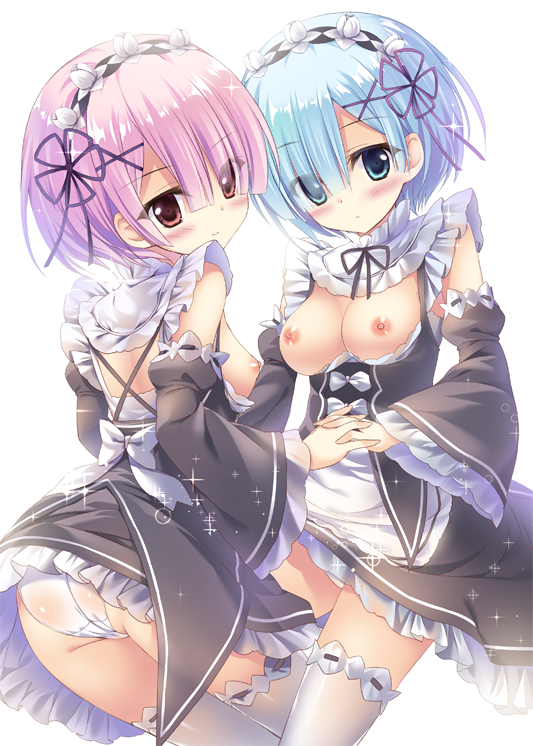 2girls ass blue_eyes blue_hair blush breasts breasts_out eyebrows eyebrows_visible_through_hair frilled_skirt frills hair_ornament hair_over_one_eye hand_holding looking_at_viewer maid maid_headdress multiple_girls nipples panties pink_eyes pink_hair ram_(re:zero) re:zero_kara_hajimeru_isekai_seikatsu rem_(re:zero) shiramori_yuse short_hair siblings simple_background sisters skirt thighhighs twins underwear white_background white_legwear white_panties wide_sleeves x_hair_ornament