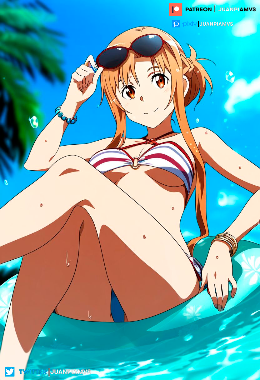 ai_generated big_ass big_breasts bikini blonde_hair bracelet brown_eyes clouds float floating juanpi_amvs long_hair palm_tree patreon patreon_username sea sky sunglasses sunglasses_on_head sword_art_online water watermark yuuki_asuna