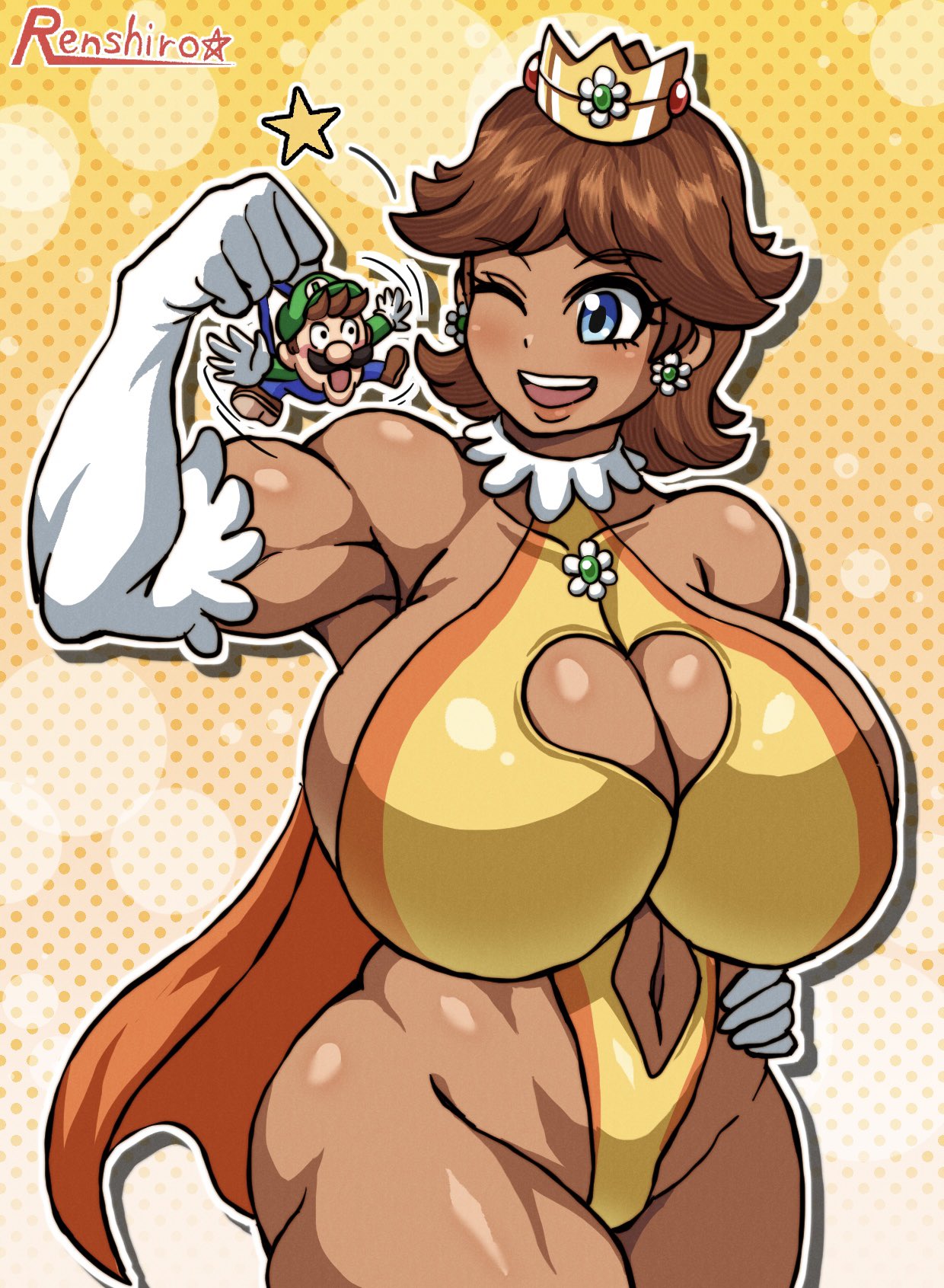 1boy 1girls 2024 2d big_breasts big_thighs blue_eyes boob_window breasts brown_hair cape color crown ear_piercing earrings female gigantic_breasts gloves huge_breasts huge_thighs impossible_clothes large_breasts large_thighs leotard luigi male mario_(series) massive_breasts muscular muscular_female nintendo open_mouth power_daisy_(renshirou) princess_daisy r0771 renshirou renzaburo0771 shiny_ass shiny_breasts shiny_butt shiny_hair shiny_skin short_hair skimpy skimpy_clothes super_mario_land tan_body tan_skin tanned tanned_female tanned_skin teeth teeth_showing teeth_visible thick_thighs thighs wardrobe_malfunction white_gloves white_leggings white_legwear wink