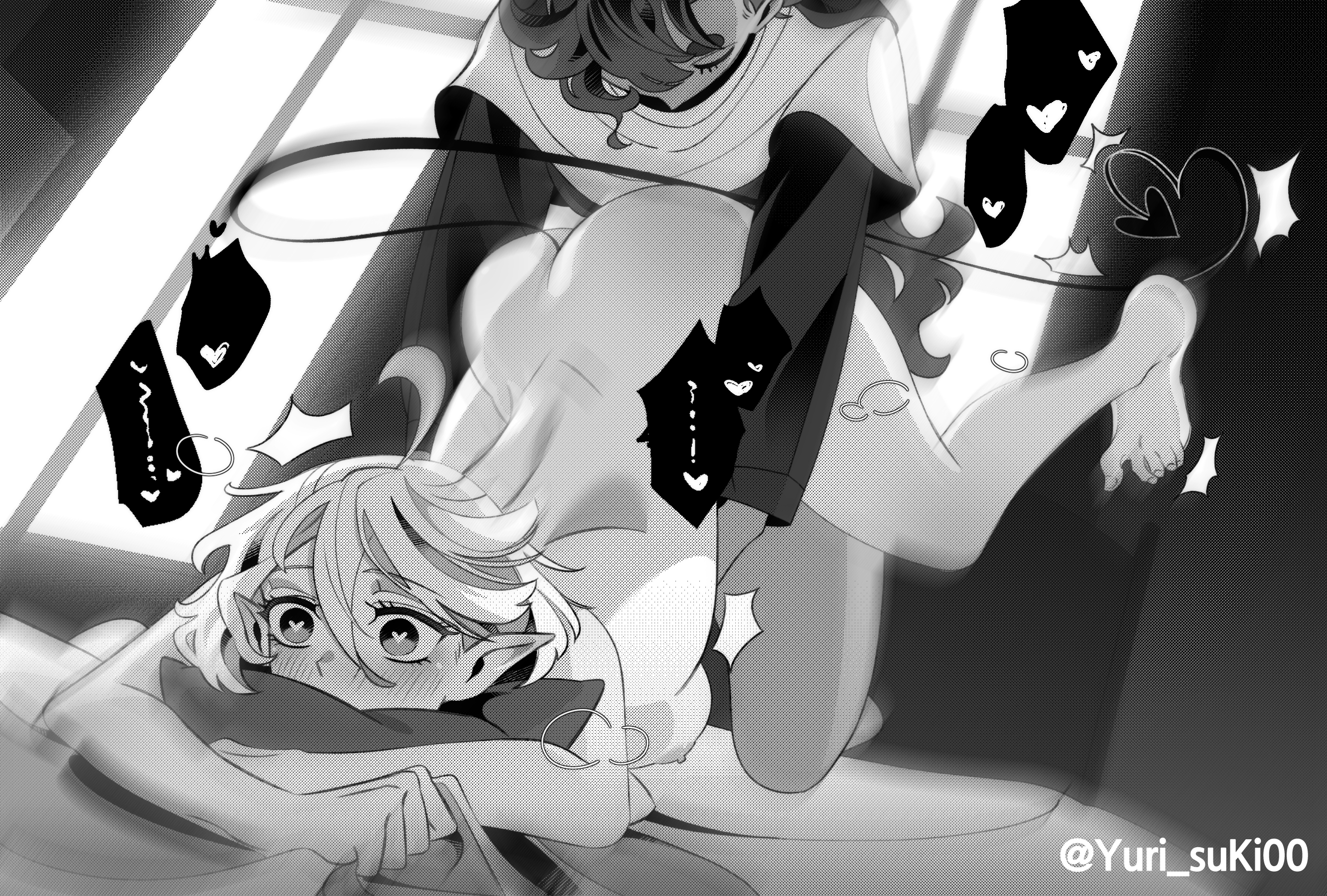 2girls, ass, barefoot, canon couple, feet, female, futa on female, futanari, gundam, gundam suisei no majo, implied futa, intersex, miorine rembran, monochrome, suletta mercury, wife and wife, yuri, yurisuki00