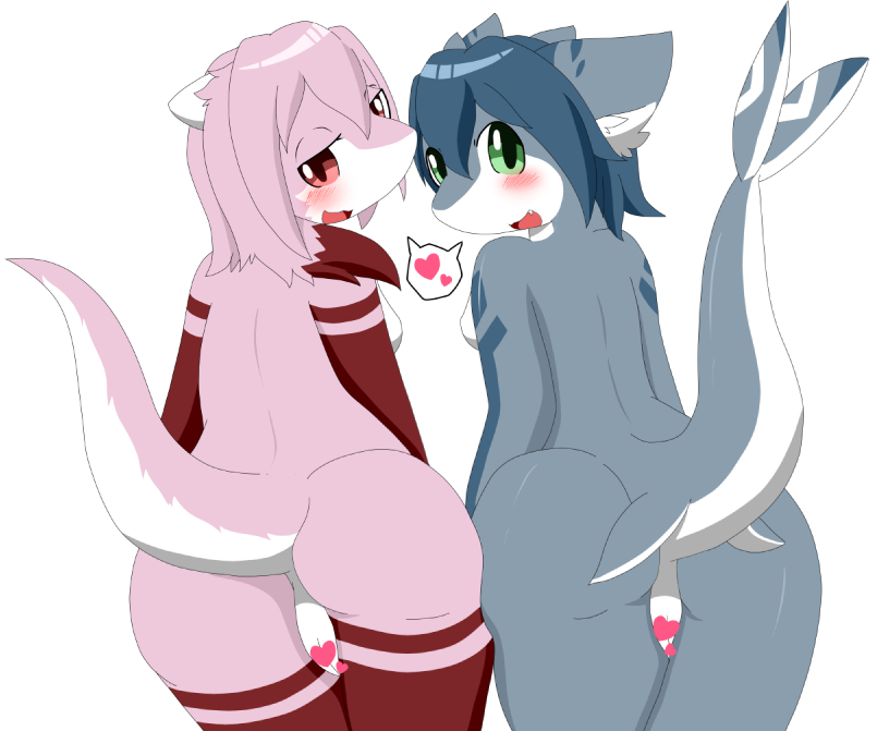 <3_censor anthro ass blush breasts duo female green_eyes hair heart looking_at_viewer looking_back nenenero nude open_mouth presenting presenting_hindquarters pussy simple_background yuri