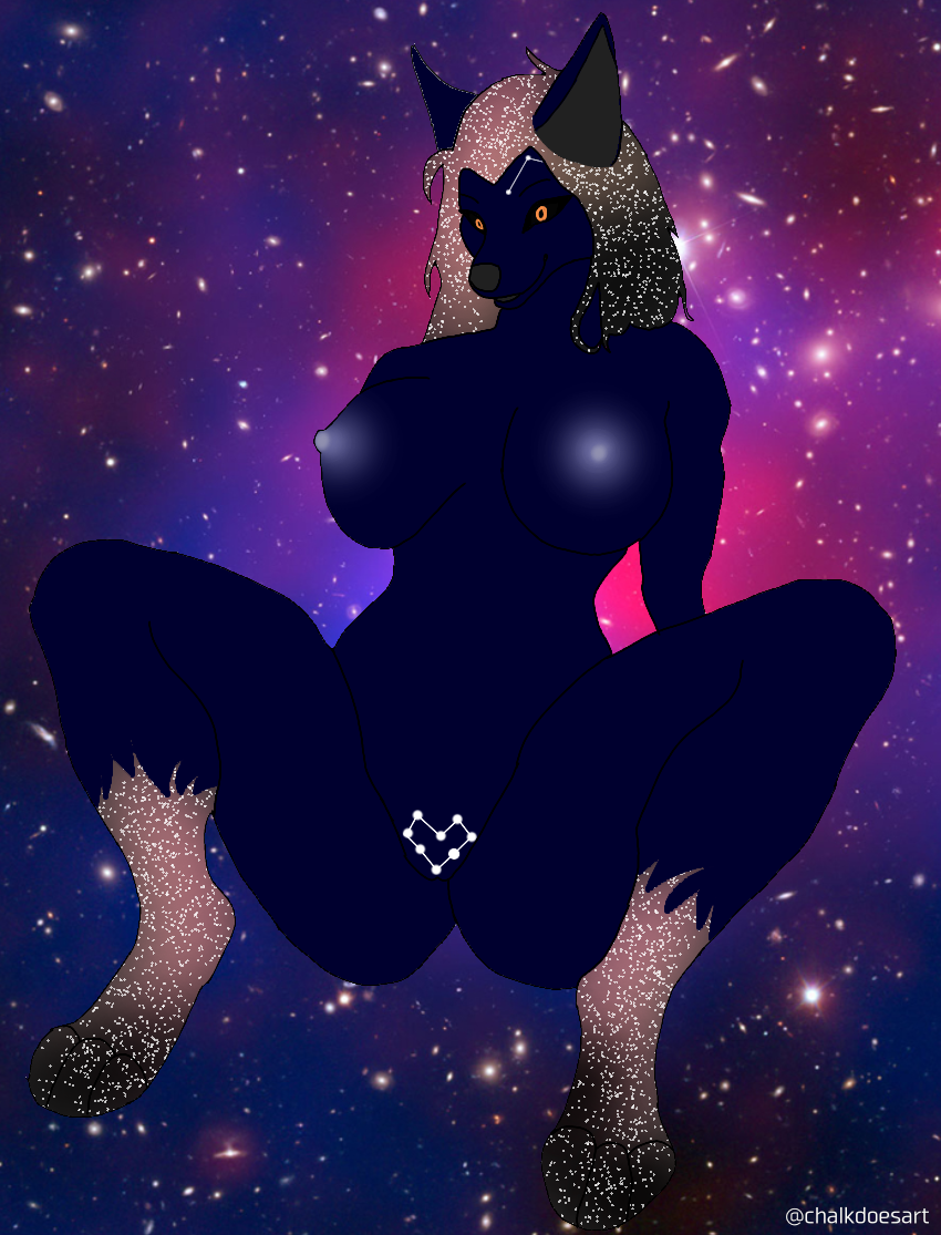 2024 anthro bioluminescence black_eyes black_eyeshadow black_feet black_hair black_hole blue_body chalkdoesart colored constellation constellation_markings cosmic_background cosmos_constel_(character) digital_drawing_(artwork) digital_media_(artwork) eyeshadow feet female furry glowing glowing_nipples hair long_hair makeup nipples pubic_tattoo solo space space_background star starry_fur starry_hair yellow_eyes