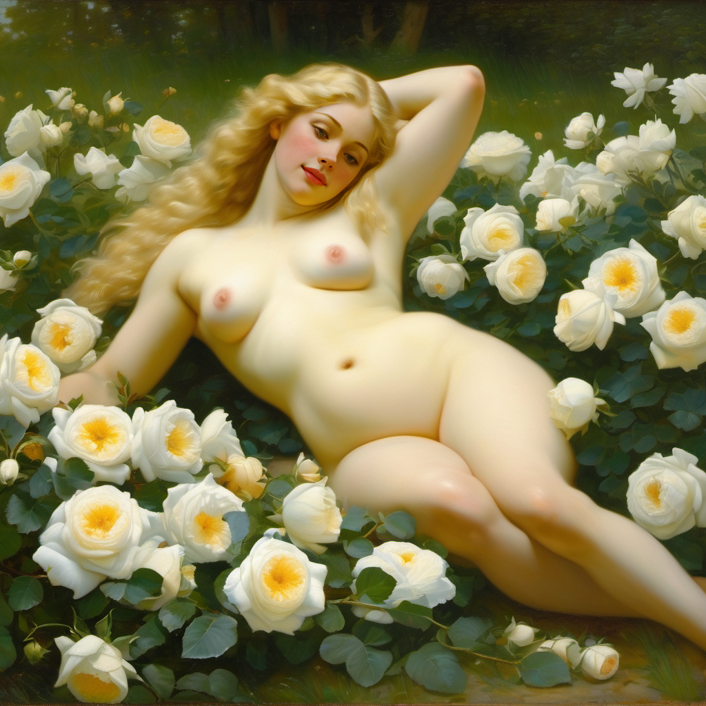 ai_generated belly blonde_hair blue_eyes breasts curly_hair curvy female flower flowers lips long_hair medium_breasts navel nipples nude presenting realistic rose_(flower) smile solo white_rose william_bouguereau