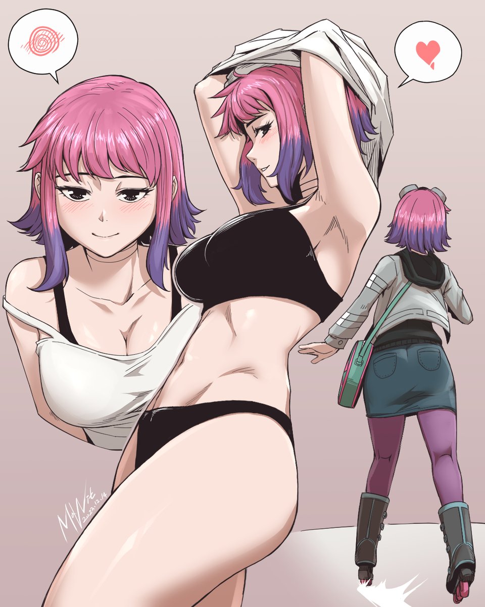 1girls, armpits, arms up, back view, bare shoulders, black eyes, black underwear, blush, clothed, female, goggles, goggles on head, heart, mawit2091, panties, pink hair, purple hair, ramona flowers, roller skates, scott pilgrim, short hair, spiral, strap slip, two-tone hair, underwear, undressing