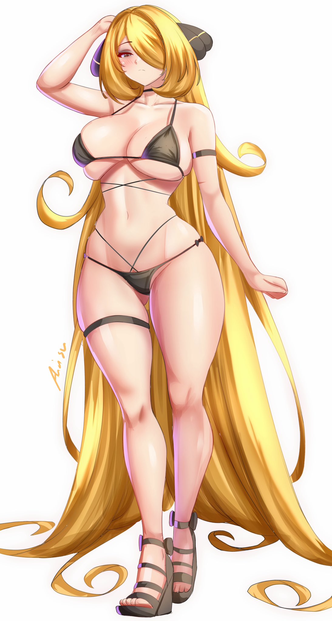 1girls anisdrawn bikini blonde_hair breasts cynthia_(pokemon) female hair_over_one_eye large_breasts light-skinned_female light_skin long_hair nintendo pokemon pokemon_dppt thick_thighs