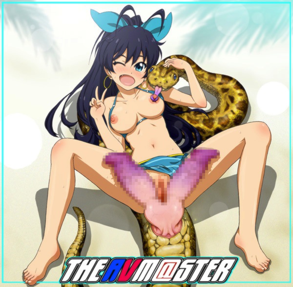 animal_genitalia animal_penis big_breasts bikini black_hair blue_eyes breasts censored clothing diphallia diphallism erection female feral ganaha_hibiki hair hemipenes hibiki_ganaha human idolmaster idolmaster_(classic) male mammal multi_penis one_eye_closed penis pose presenting pussy reptile scalie snake spread_legs spreading swimsuit the_idolm@ster tongue tongue_out toyomaru zoophilia