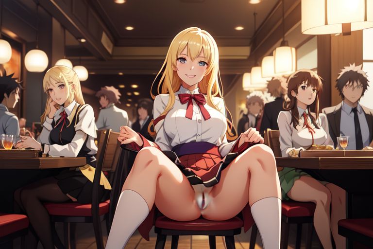 ai_generated artificial_intelligence flashing flashing_pussy mischievous mischievous_smile naughty naughty_smile pussy restaurant showing_off showing_pussy upskirt