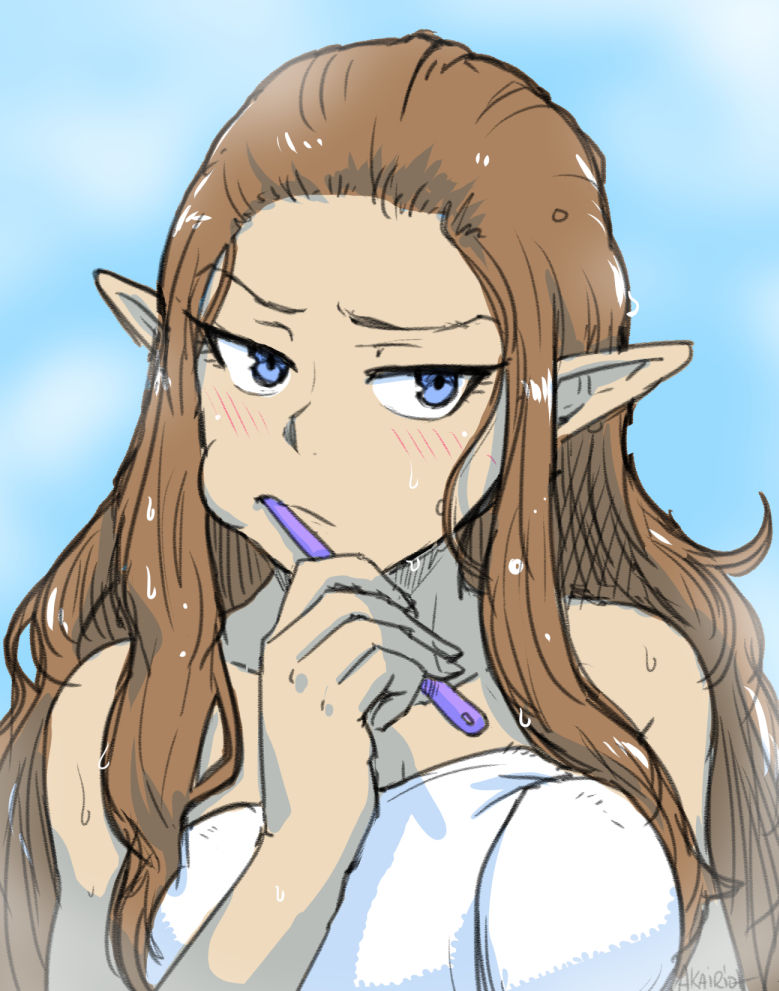 1girls, akairiot, blue eyes, breasts, brown hair, brushing teeth, cheek bulge, female, female only, gradient, gradient background, long hair, naked towel, nintendo, pointy ears, princess, princess zelda, small breasts, solo, the legend of zelda, toothbrush, towel, twilight princess, wet, wet hair, zelda (twilight princess)