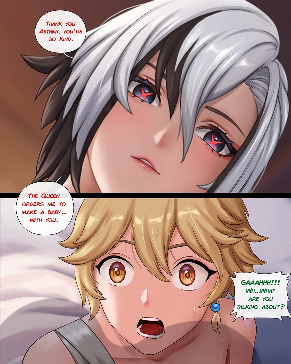 1boy, 1girls, aether (genshin impact), alexander dinh, arlecchino (genshin impact), big breasts, breasts, color, dialogue, drawing, english text, female, femdom, genshin impact, horny female, imminent sex, long hair, male, mihoyo, naked, naked male, taller girl, text, wip