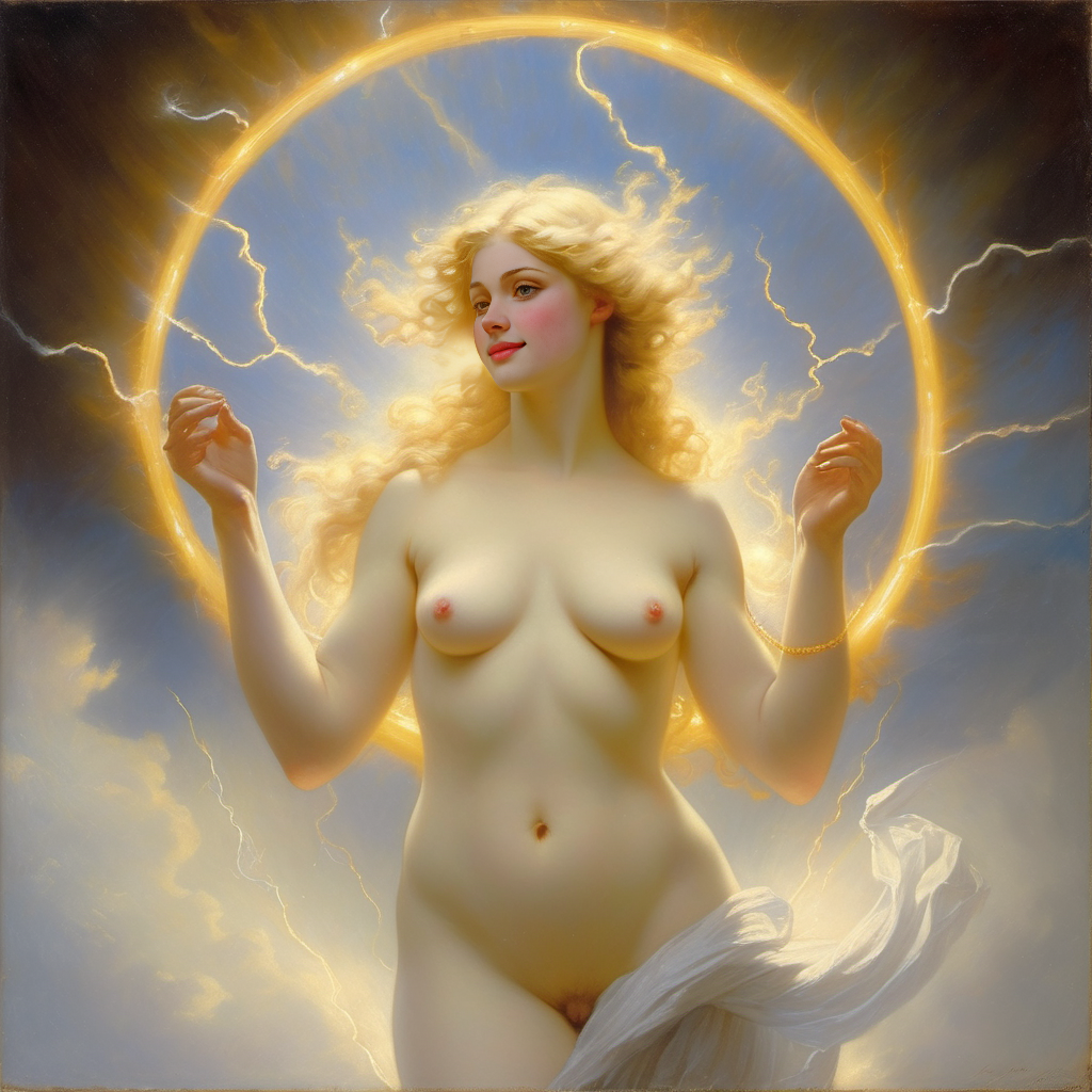 abstract ai_generated belly blonde_hair blue_eyes breasts cloud curly_hair curvy female flying goddess halo lightning lips long_hair medium_breasts navel nipples nude presenting realistic sky smile solo william_bouguereau