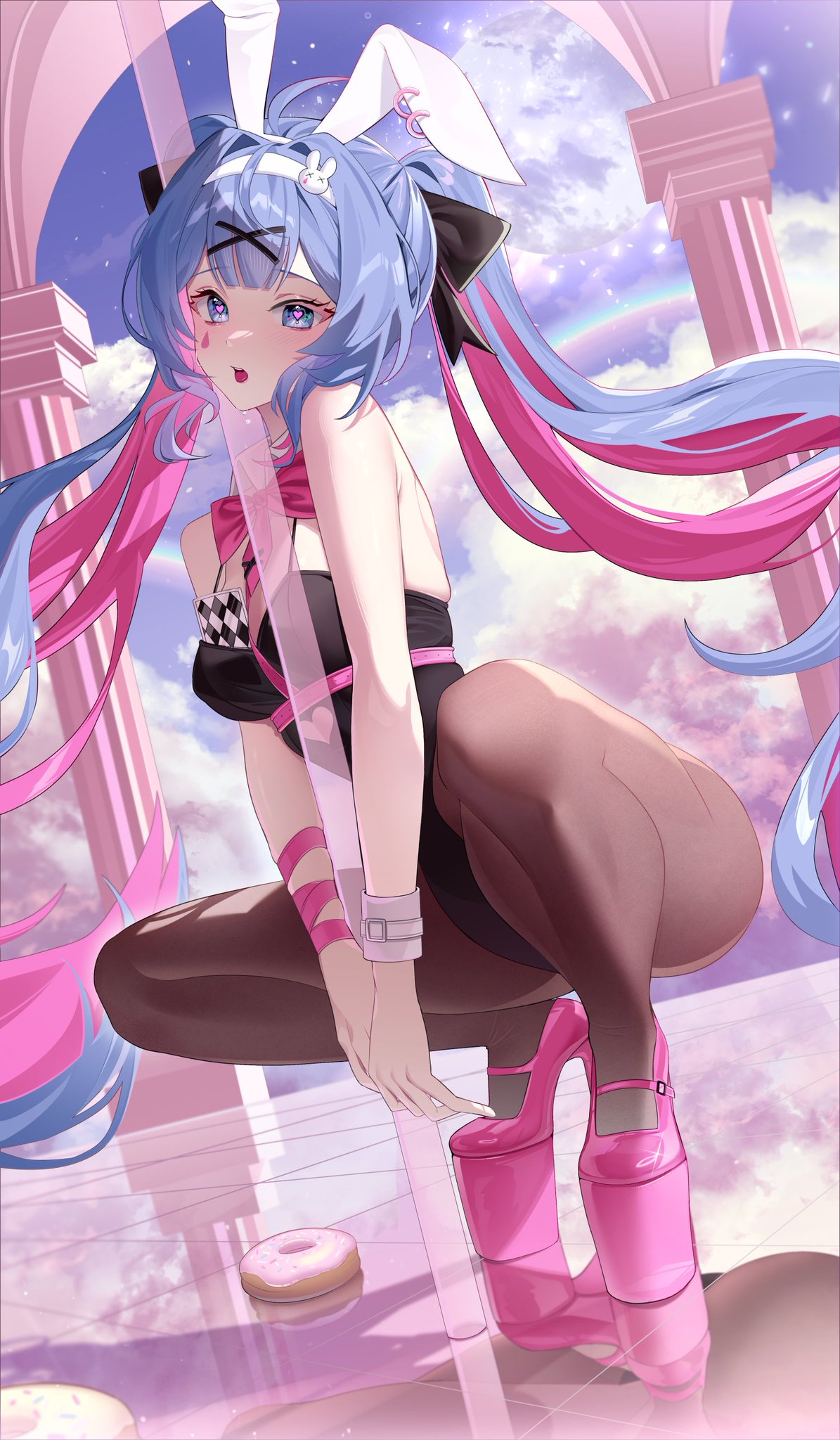 1girl, ahoge, animal ears, bangs, bare shoulders, black leotard, blue eyes, blue hair, blush, bow, breasts, brown pantyhose, bunny ears, bunnysuit, doughnut, fake animal ears, female, food, full body, hair ornament, hatsune miku, heart, heart-shaped pupils, high heels, leotard, long hair, looking at viewer, medium breasts, multicolored hair, mv character, open mouth, pantyhose, pink footwear, pink hair, platform footwear, platform heels, playboy bunny, prostitution, rabbit ears, rabbit hair ornament, rabbit hole (vocaloid), ribbon, slave, solo, squatting, symbol-shaped pupils, twintails, two-tone hair, very long hair, virtual youtuber, vocaloid, wrist cuffs, x hair ornament